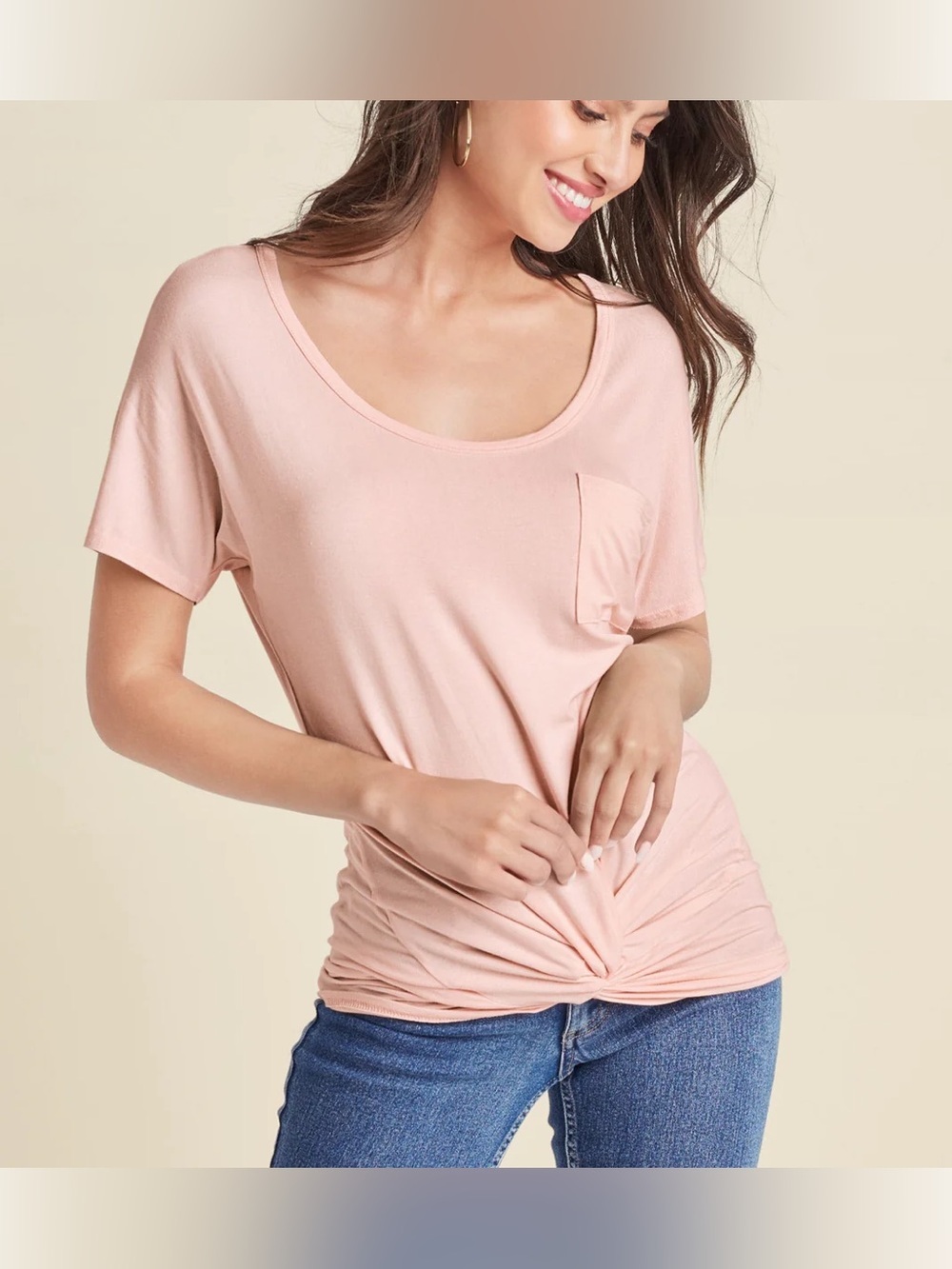 VENUS Light Peach Pocket Knot-Front Short Sleeve Tee